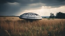 Extraterrestrial Encounter Of UFO Landed At The Field. Generative AI.