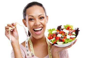 Sticker - Salad, lose weight and woman portrait isolated on transparent, png background of healthy food, green lunch or detox. Happy person or model wow for eating fruits, vegetables or lettuce in natural diet