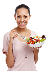 Sticker - Woman portrait, eating and salad isolated on transparent, png background for healthy green lunch, diet or nutritionist breakfast. Happy vegan person or model with fruits, food and lettuce for detox