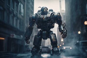 A robot with steam technology strolls in a modern metropolis depicted by an illustration in digital art style. Generative AI