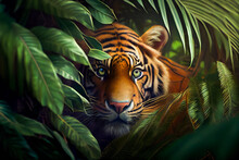Tiger Hiding In The Corner Of A Green Jungle. Generative AI