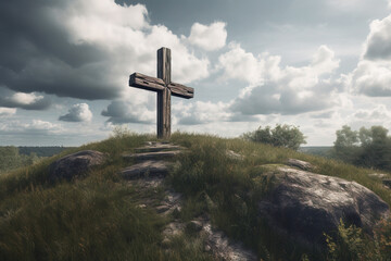 Wall Mural - A large massive cross on a rocky mountain against a cloudy sky. Generation of AI