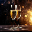 Two champagne flutes clink glasses at Christmas or New Year's party, warm golden background with blurred lights and copy space created with Generative AI technology.