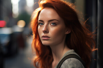 Cute-looking girl with red hair and a bokeh effect.Created using Generative AI technology.