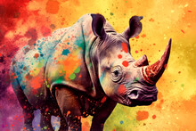 White Rhinoceros On Colorful Watercolor Background. Generative AI