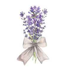 Lavender bouquet with linen bow isolated on white background. Watercolor illustration of Provencal flowers. French style. Botanical image of lavender. Suitable for postcards, design, print, packaging