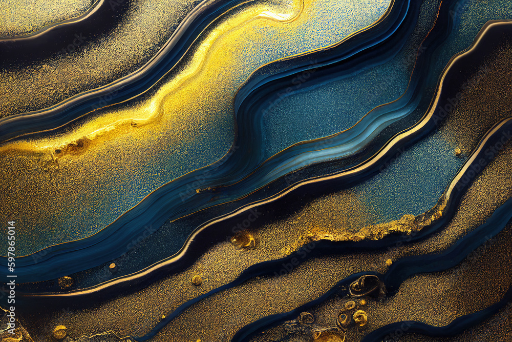 Blue and golden acrylic liquid ink swirl abstract background with ...