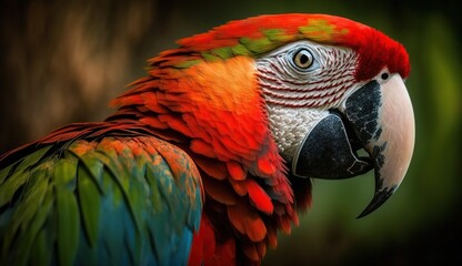 Wall Mural - Scarlet macaw bird posed against a forest backdrop. Wild ara parrot's head against a green backdrop, seen from the side. Generative AI