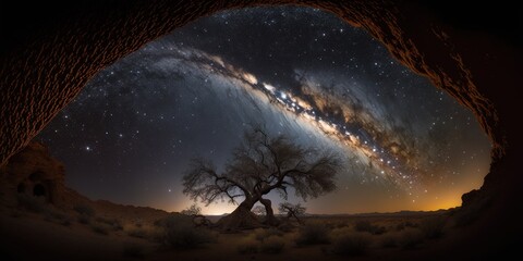 Wall Mural - The natural park of Barruecos at night, with the milky way visible in the sky. Generative AI