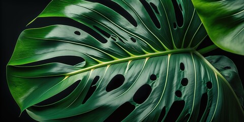 Wall Mural - A close-up of a natural monstera leaf from the tropics. Generative AI