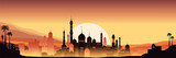 Fototapeta  - Night city buildings. Mosque and house silhouettes. Old arabian cityscape. Sunset town scenery. Sundown mountains. Arab evening. Scenic sky. Vector urban panorama background illustration