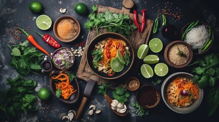 Wall Mural - Asian food background with various ingredients on rustic stone background , top view. Vietnam or Thai cuisine Generative AI