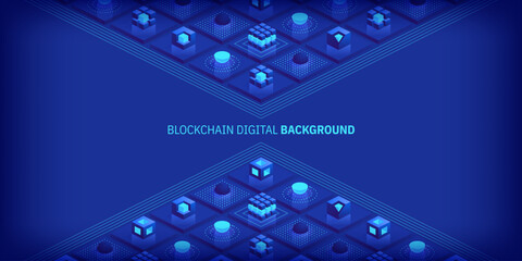 Blockchain concept. Digital blocks connect with each other and shapes crypto chain. Blocks or cubes, connection consists of digital data. Digital network technology. Isometric vector background