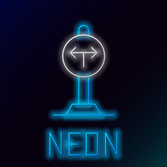 Poster - Glowing neon line Fork in the road icon isolated on black background. Colorful outline concept. Vector