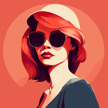 Fashion Portrait Of A Model Girl In Sunglasses. Poster Or Flyer In Trendy Retro Colors. Vector Illustration