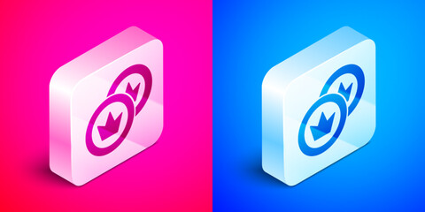 Sticker - Isometric Pirate coin icon isolated on pink and blue background. Silver square button. Vector