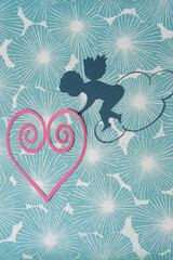 Poster - stylized cupid or putto or eros with wings and wire heart on floral scrapbook paper