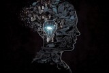 Fototapeta  - Idea and creative thinking concept. Human Head silhouette with light bulb. 