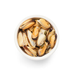 Marinated mussels in bowl on white background