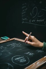 the hands of an woman writing on a blackboard with chalk, school, teacher, teacher's day concept, copy space, generative IA