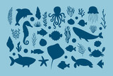 Fototapeta Fototapety na ścianę do pokoju dziecięcego - Cute sea life elements silhouette set. Cartoon vector illustration.