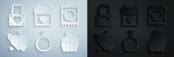 Canvas Print - Set Wedding rings, Condom package, Heart, cake with heart, Calendar and Lock and icon. Vector