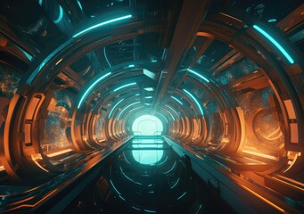 Canvas Print - Futuristic city train station tunnel with lights, in the style of captivating skylines. Generative AI