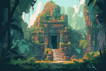 Poster - Mysterious ancient ruins of a lost civilization, with crumbling stone walls and intricate carvings. Illustration flat. Generative AI