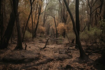 Poster - Lush forest suffering from a prolonged drought, with wilting leaves and parched soil. Generative AI