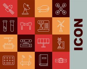 Poster - Set line Smartwatch, Microscope, Wind turbine, Electric car, Air headphones, Test tube and flask, Satellite and Coffee machine icon. Vector