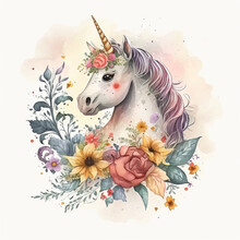 A Beautiful Watercolour Painting Of A Cute Unicorn With Different Coloured Flowers And Leaves For A Children's Bedroom.