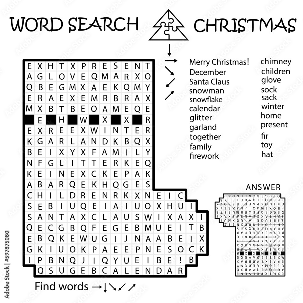 Word Search Crossword Puzzle. Christmas sock. Winter. Find the listed