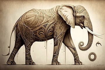 a drawing of an elephant spirit animal  with intricate patterns