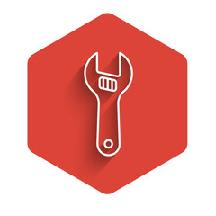 Sticker - White line Adjustable wrench icon isolated with long shadow. Red hexagon button. Vector