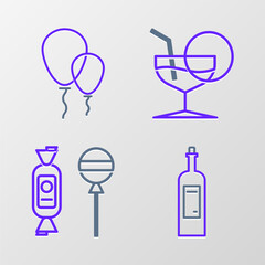 Poster - Set line Bottle of wine, Lollipop, Martini glass and Balloons with ribbon icon. Vector