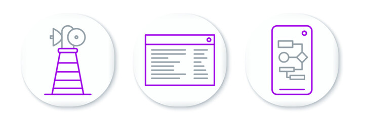 Set line Algorithm, Antenna and Software, web developer programming code icon. Vector