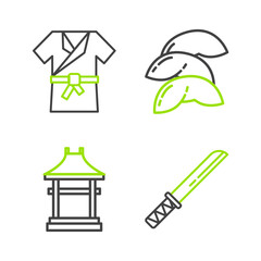 Wall Mural - Set line Traditional Japanese katana, Gate, Chinese fortune cookie and costume Kimono icon. Vector