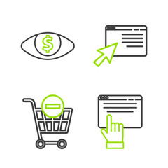 Sticker - Set line Online shopping on screen, Remove cart, and Eye with dollar icon. Vector