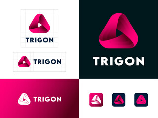 Trigon logo. Three  red ribbons, intertwined elements, infinite, looping, rotation.  Identity.  Web buttons.