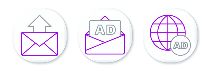 Sticker - Set line Advertising, Mail and e-mail and icon. Vector