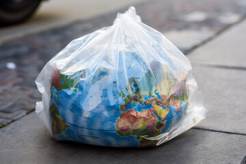 Wall Mural - Earth in a plastic bag left on the street like rubbish. Environment concept. Generative ai