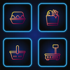 Sticker - Set line Electronic scales, Shopping basket, Chicken egg box and bag and food. Gradient color icons. Vector