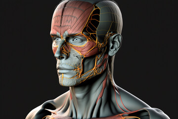 Human head with inner layers of muscles exposed, fictitious person. AI generated image