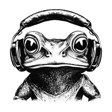 Frog Wearing Headphones, A Frog Is Listening To Music Sketch