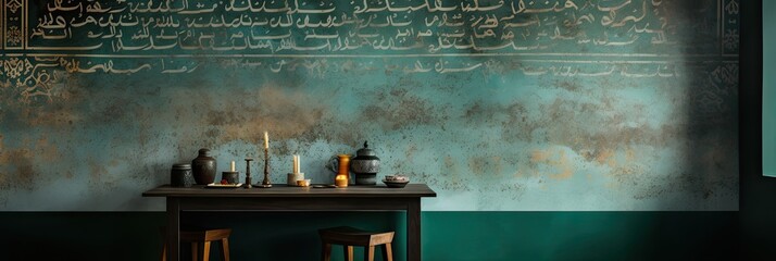 Abstract Arabic writing on a teal wall. Golden script. Ramadan in a mosque.
