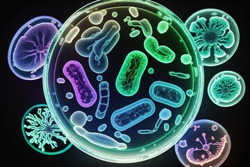 Probiotics Bacteria . Biology, Science Microscopic medicine. Digestion stomach escherichia coli, treatment, Health care medication, anatomy organism. Generative AI