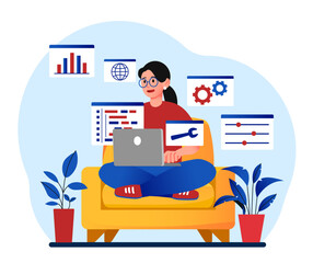 System administrator concept. Woman in lotus position sits on chair with laptop and writes code, corrects errors in programs and apps, software. Technical support. Cartoon flat vector illustration