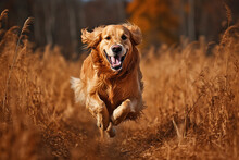 Dog, Golden Retriever Jumping Through Autumn Leaves. Dog, Golden Retriever Running Through Autumn Leaves In Autumn Forest. Ai Generative.