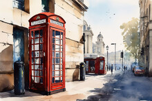 Red Telephone Booth, Next To London Bridge, Watercolor, Vintage, Bright Colors, Sunny Day, Light White Background. Travel, Vacation And Tourism Concept. Made With Ai