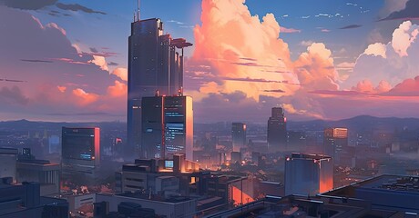 Wall Mural - A painting of a city at sunset with clouds in the sky. AI generative.